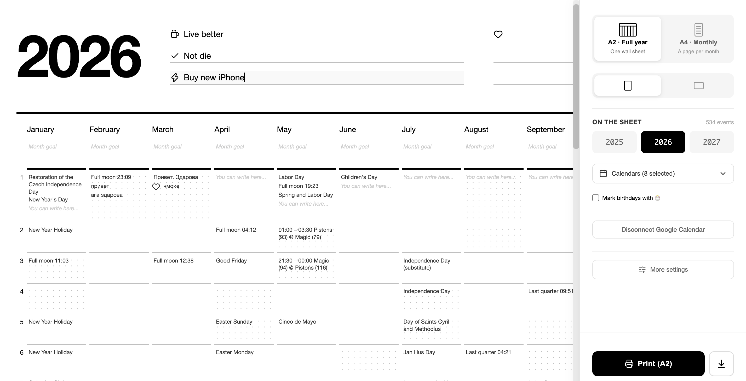 The Planner A2 editor — 2026 set large at the top left beside three year goals being typed, twelve month columns below with imported events on each day, and the settings panel down the right side.