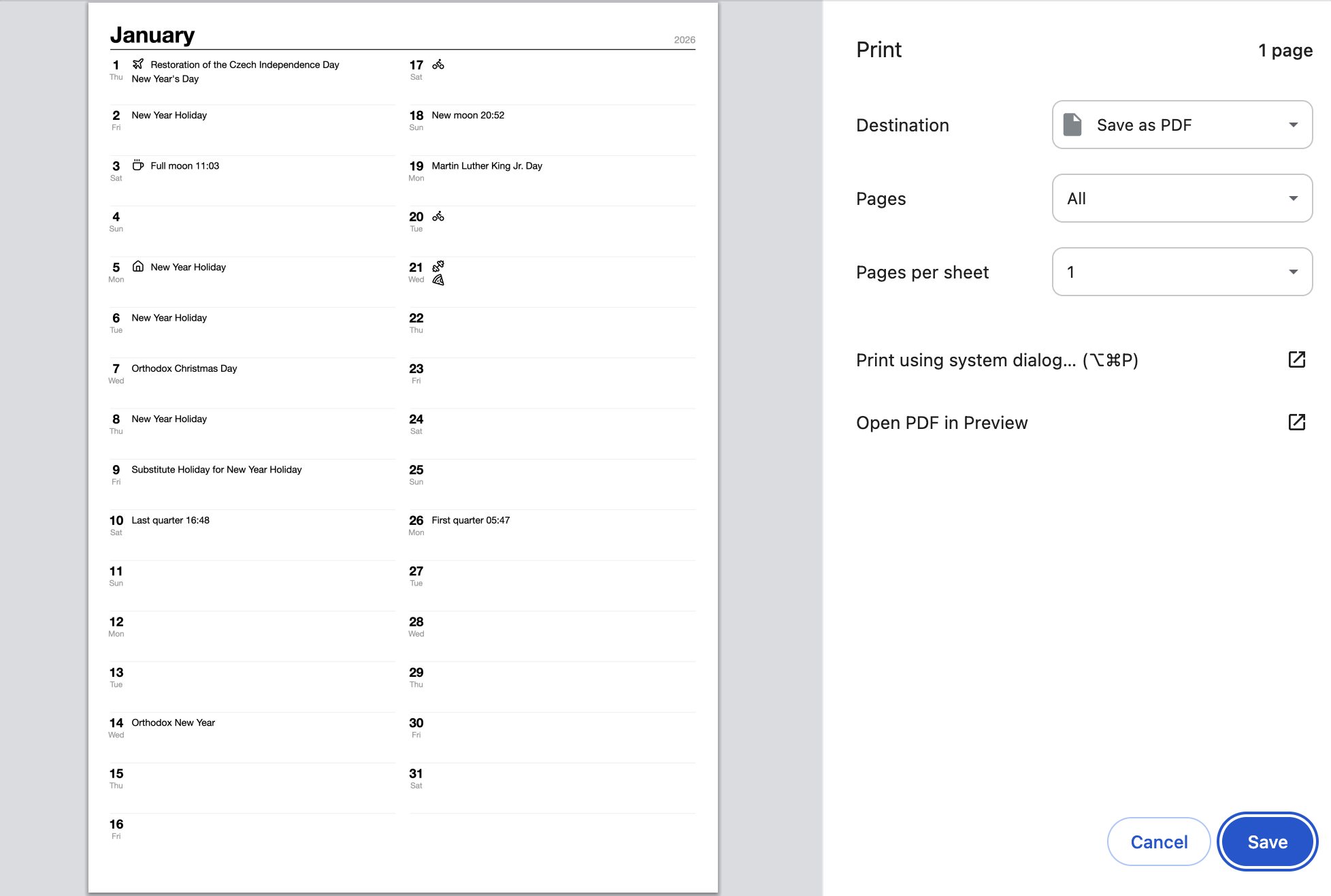 A browser print dialog showing the generated A4 January page — days 1–16 on the left, 17–31 on the right — with Save as PDF selected as the destination.