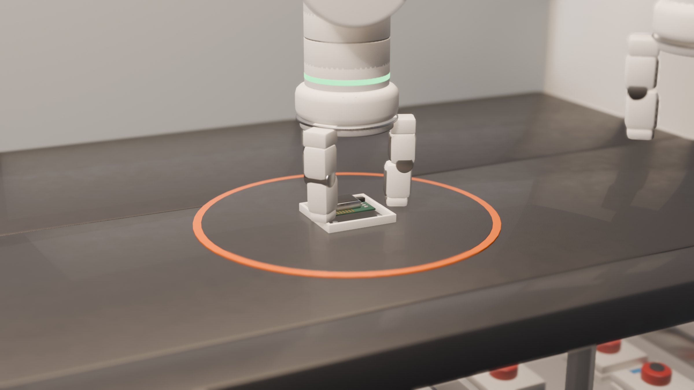 A gripper lowering a controller module into a bottom shell on the work surface