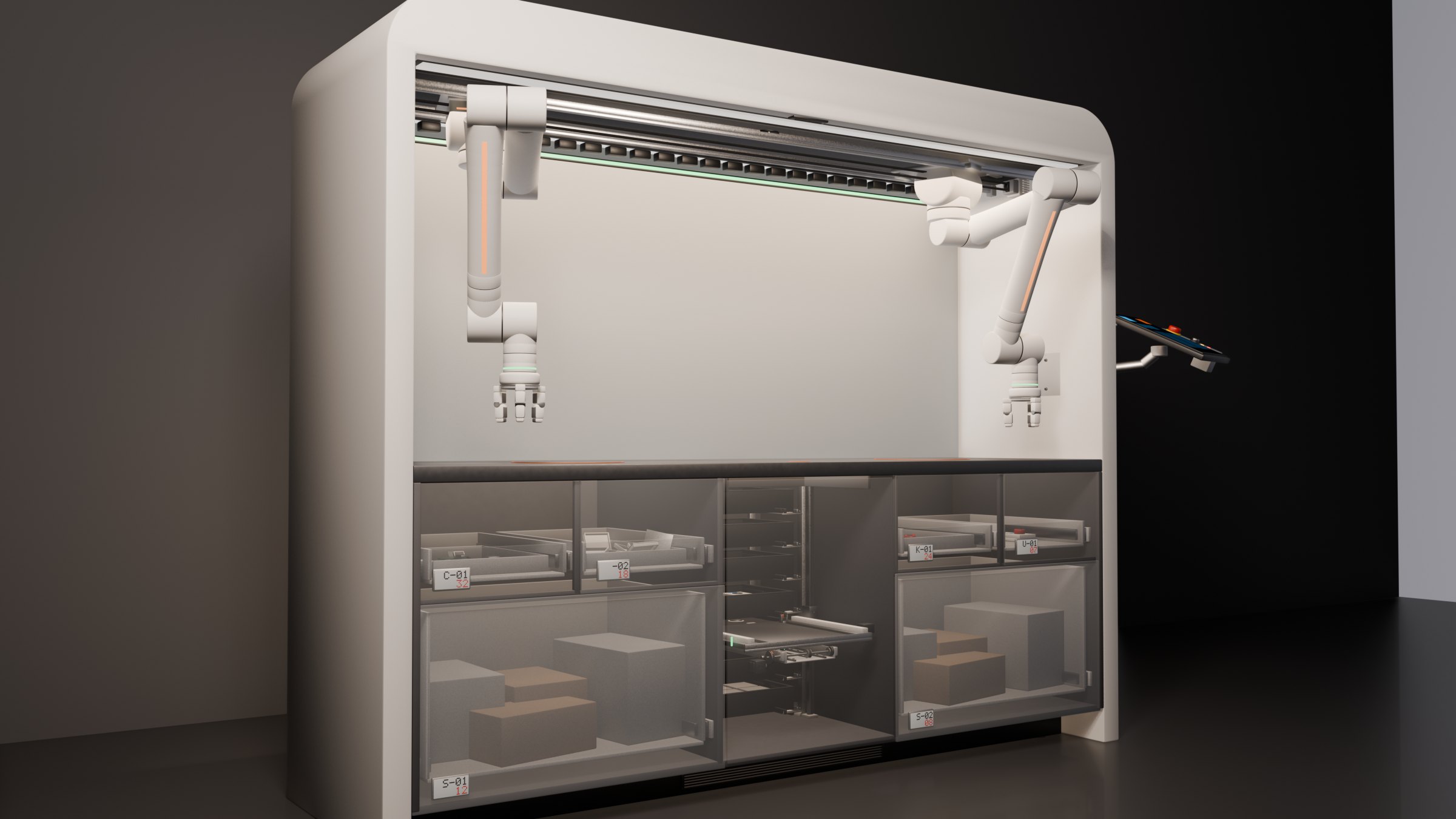 The whole cell from three quarters: the white rounded frame, both arms on the shared rail, drawers behind smart glass below the worktop