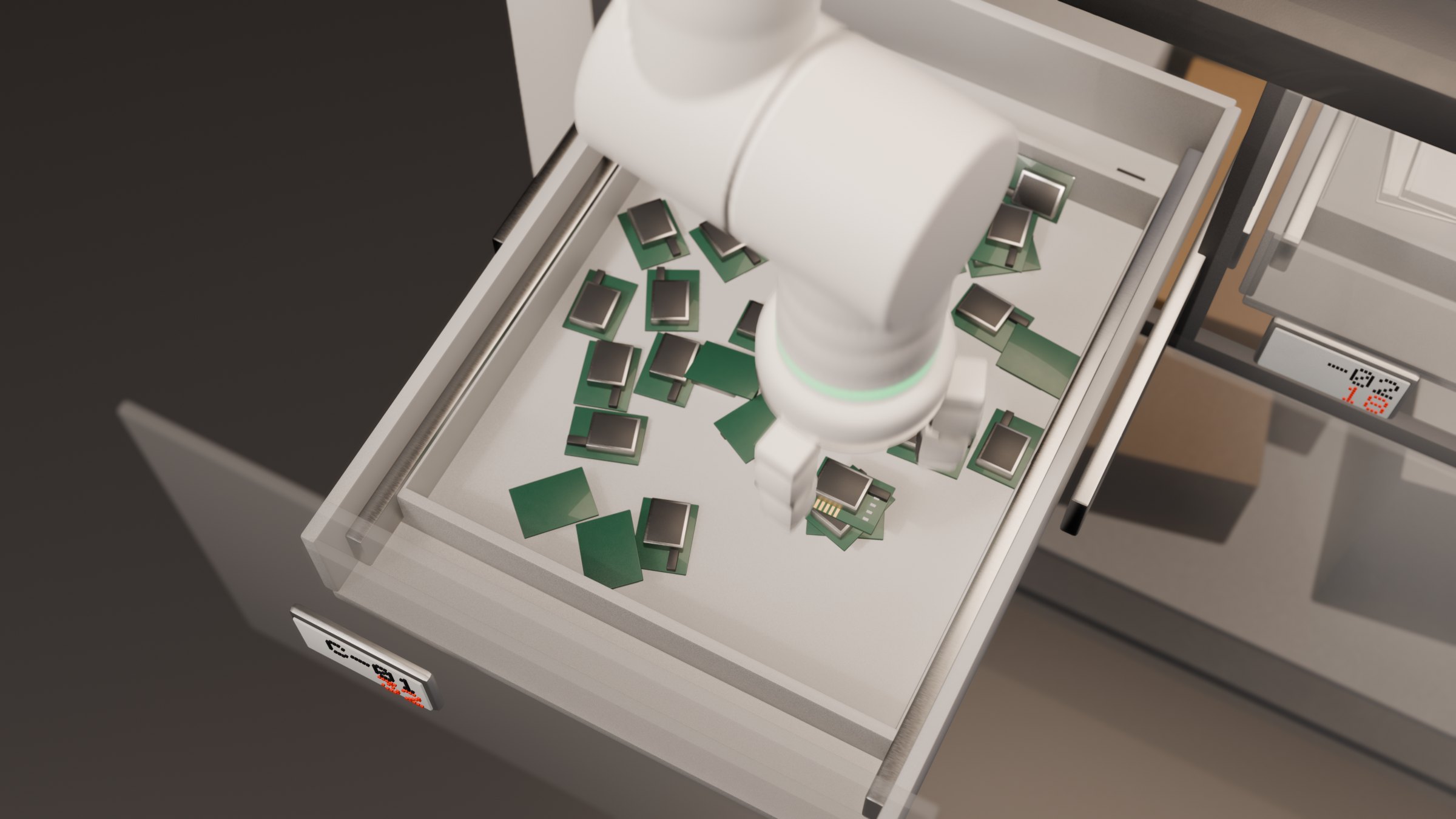 Looking down into the pulled-out C-01 drawer: a heap of loose boards and the arm reaching into it