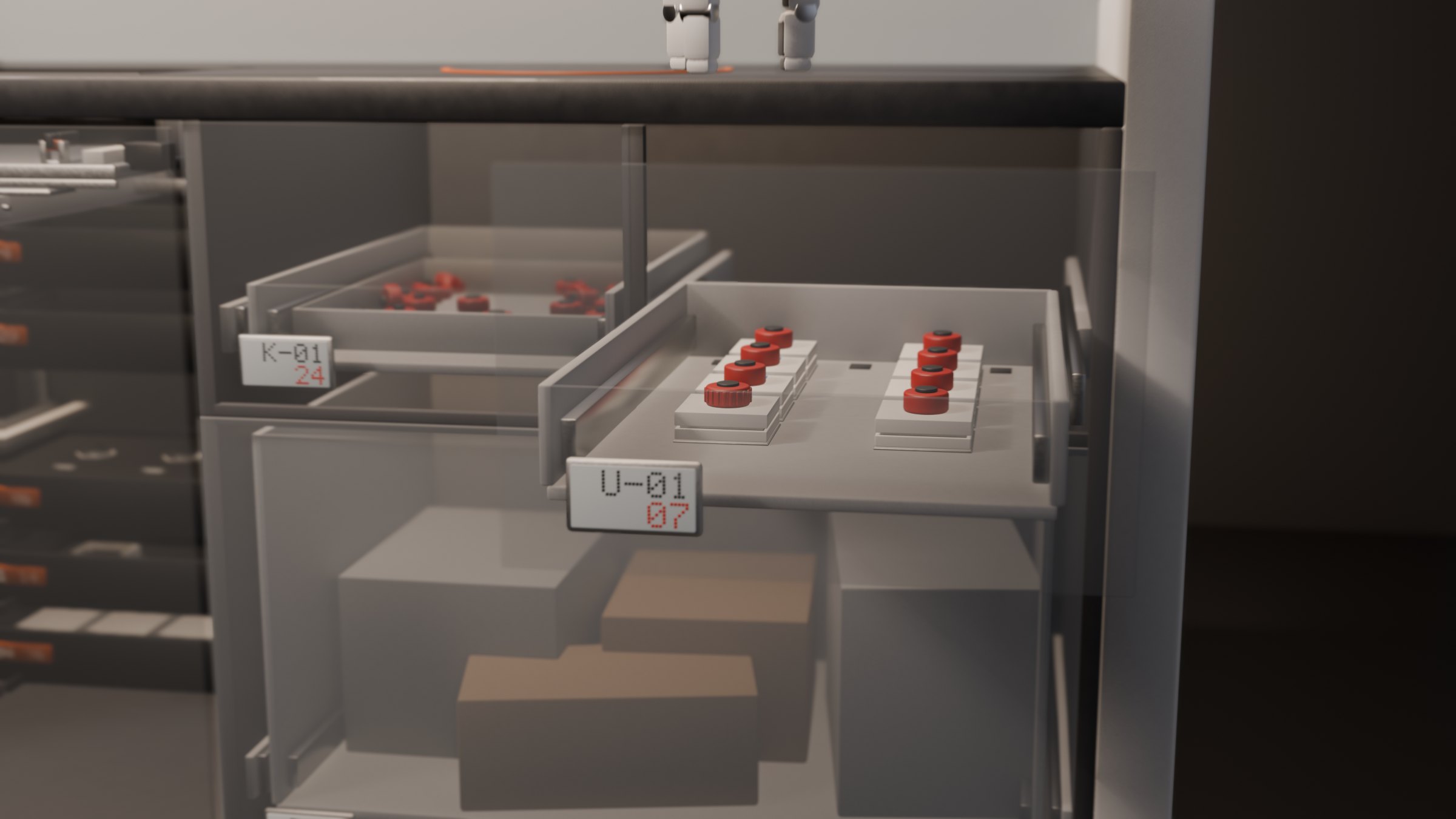 Finished units in two neat rows in the pulled-out output drawer U-01
