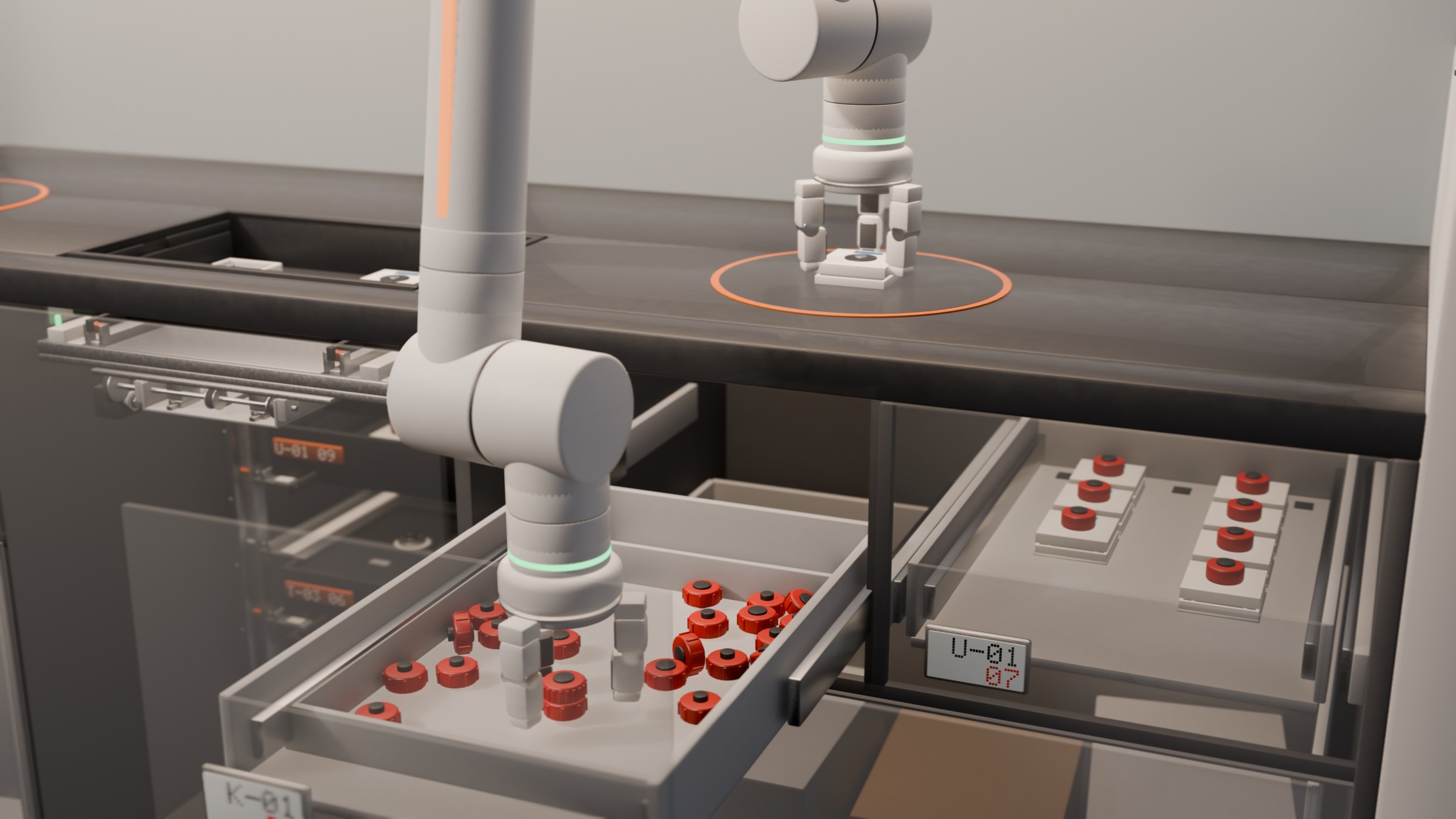 An arm picking a red knurled knob from the K-01 drawer, finished units in the output drawer beside it