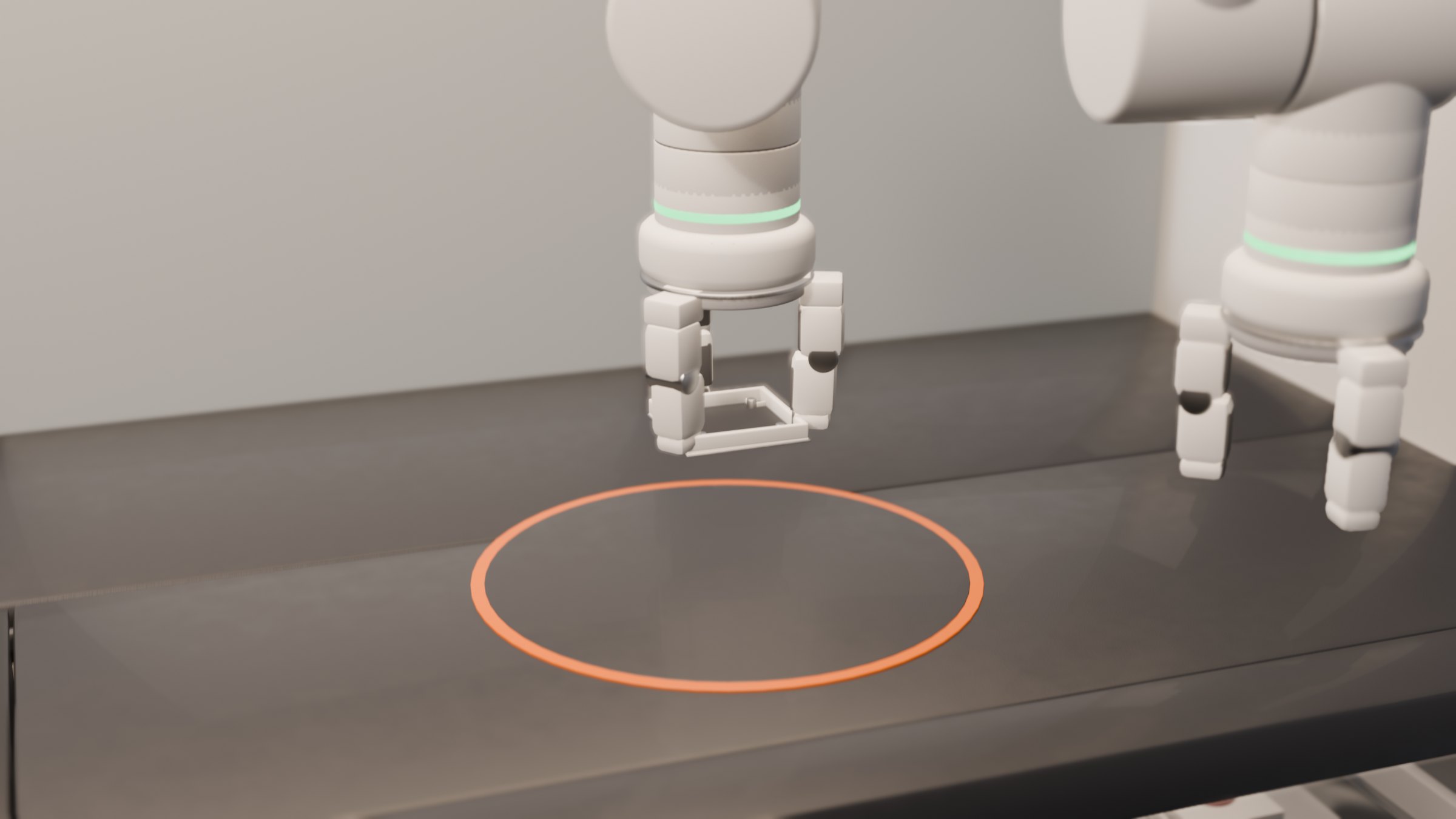 Both grippers over the worktop: one carrying a bottom shell to the work zone, the other waiting beside it