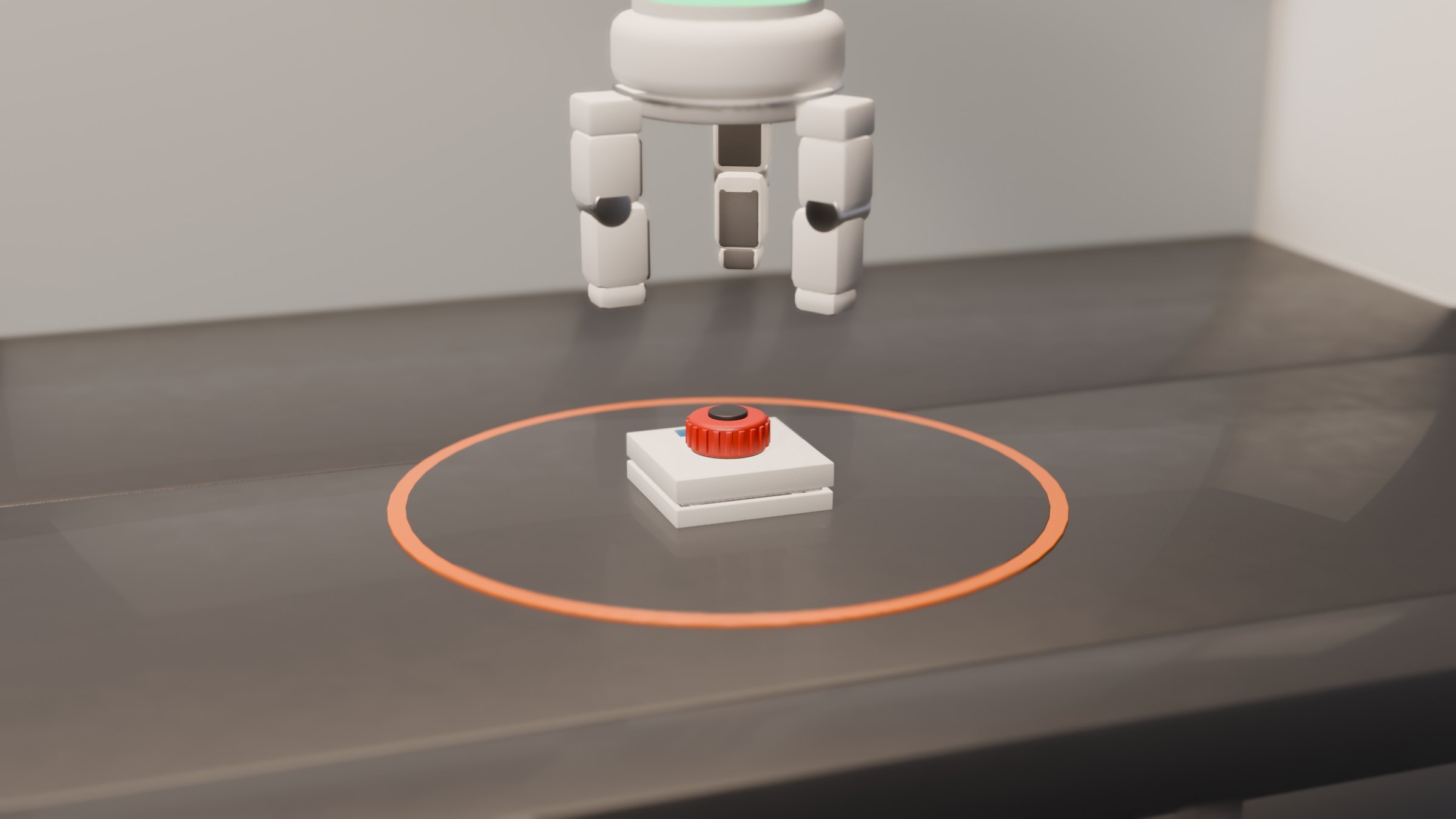 The red knob pressed onto a finished unit on the orange work-zone ring, the gripper lifting away