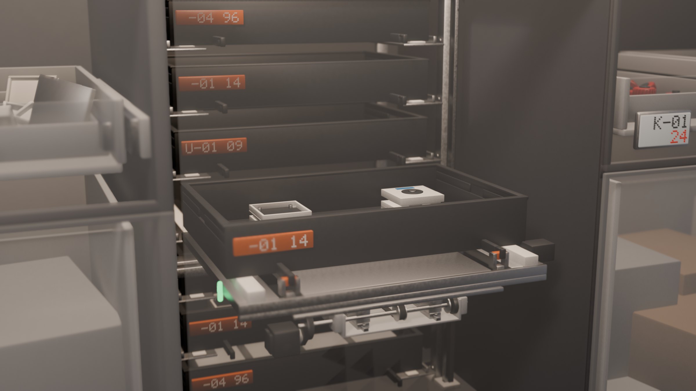 The lift's rack of trays behind the glass, one drawn out onto the shuttle