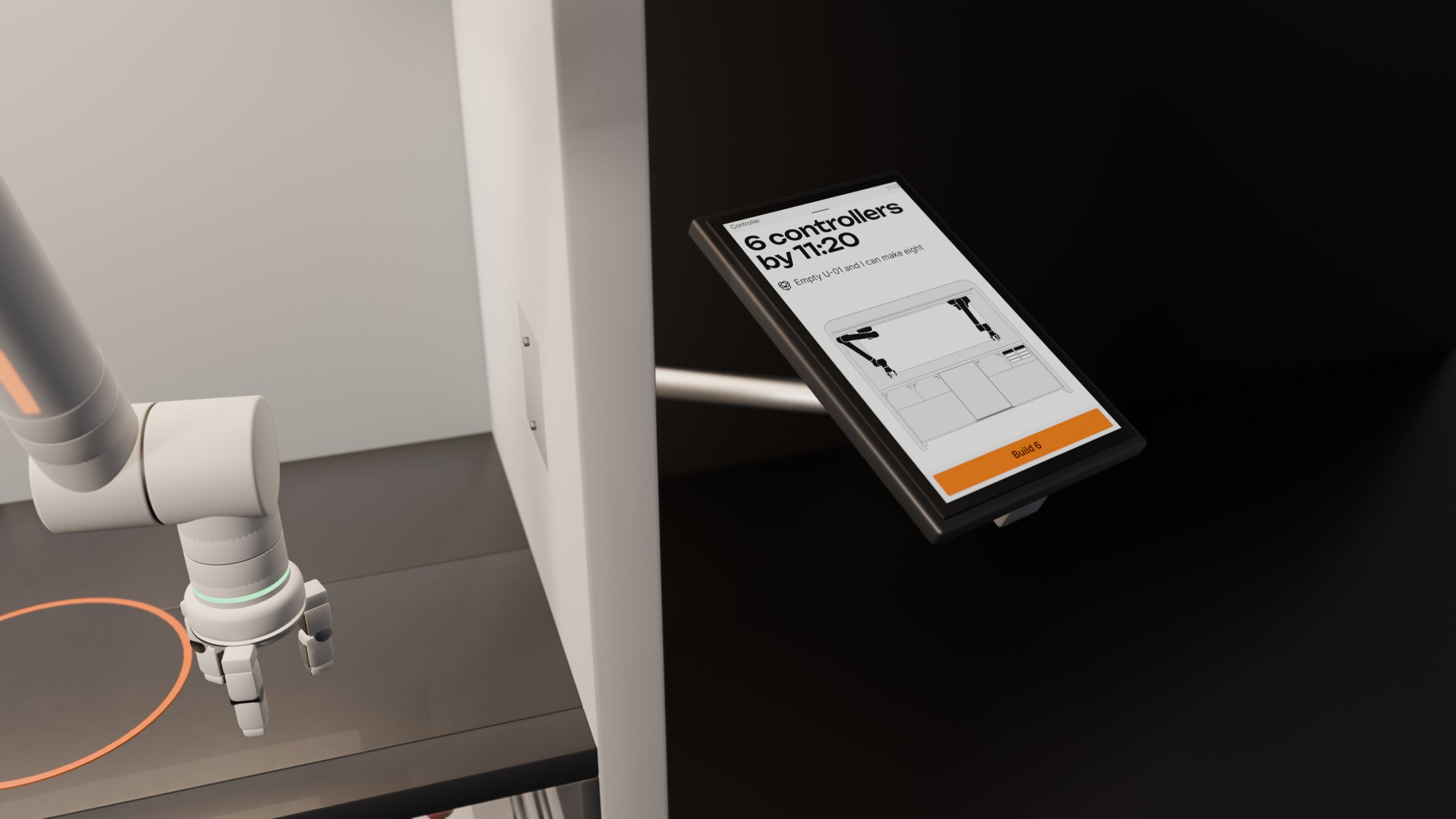 The terminal on its bracket at the right post of the cell, showing 6 controllers by 11:20, an arm over the worktop beside it