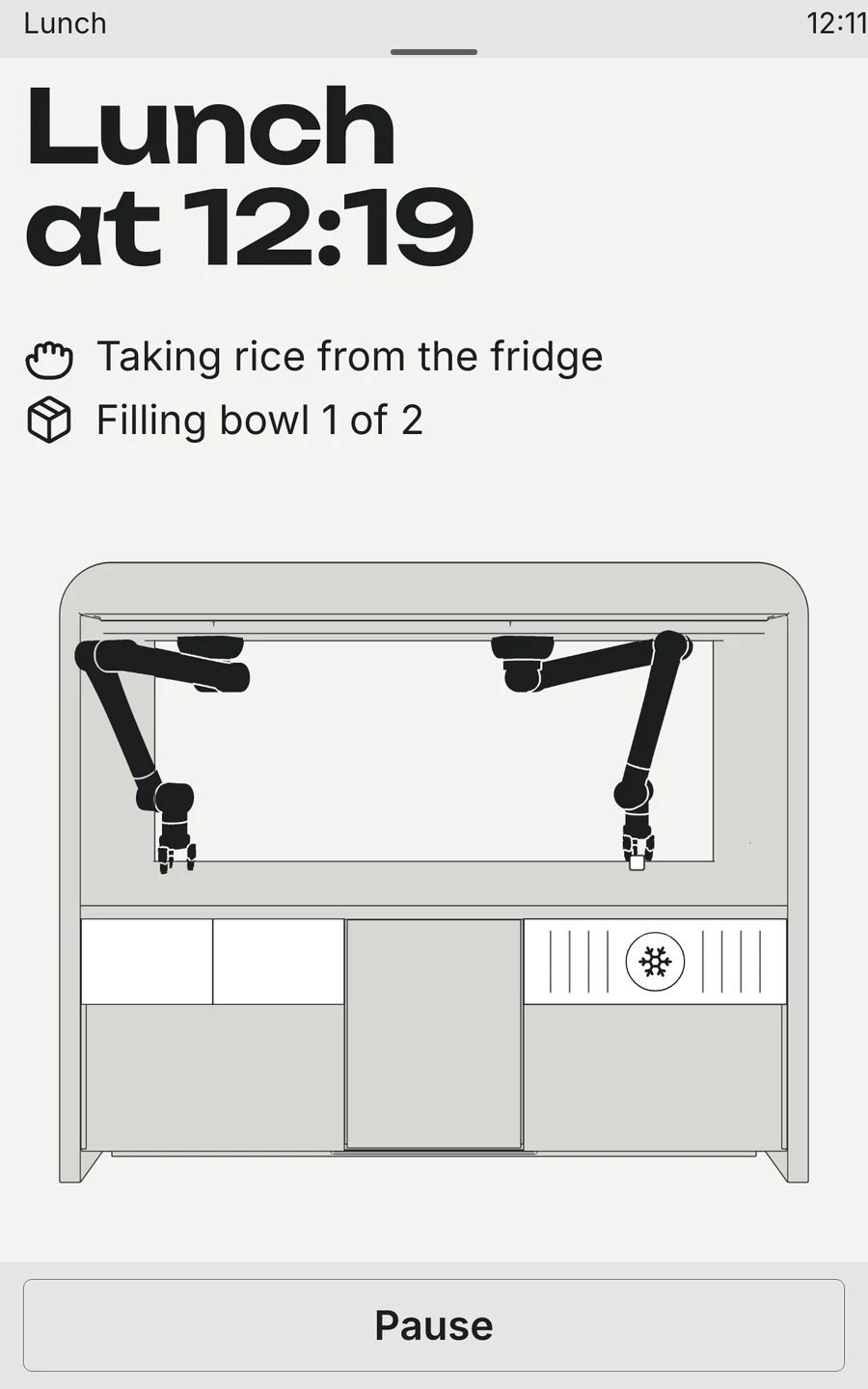 Lunch at 12:19 — the same screen as a build, taking rice from the fridge