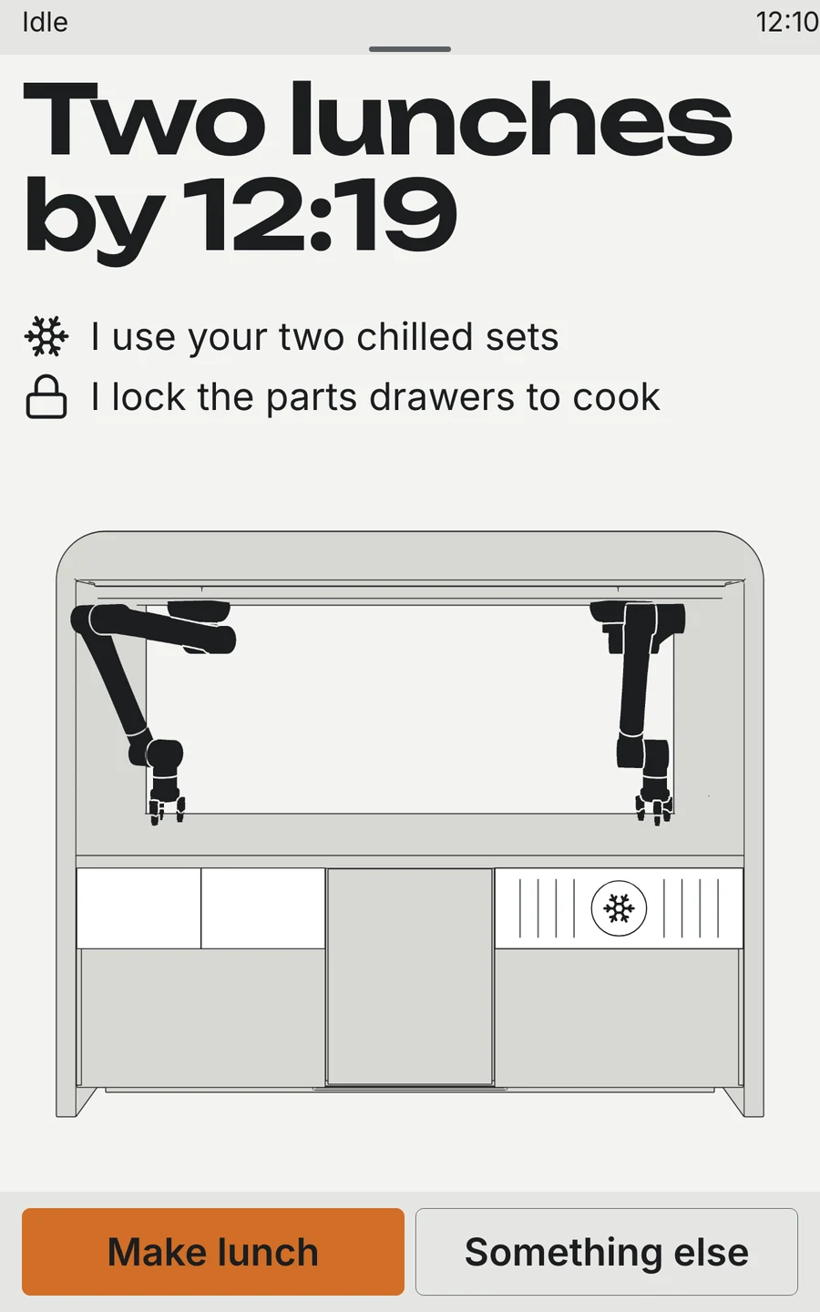 Two lunches by 12:19 — the parts drawers locked while it cooks