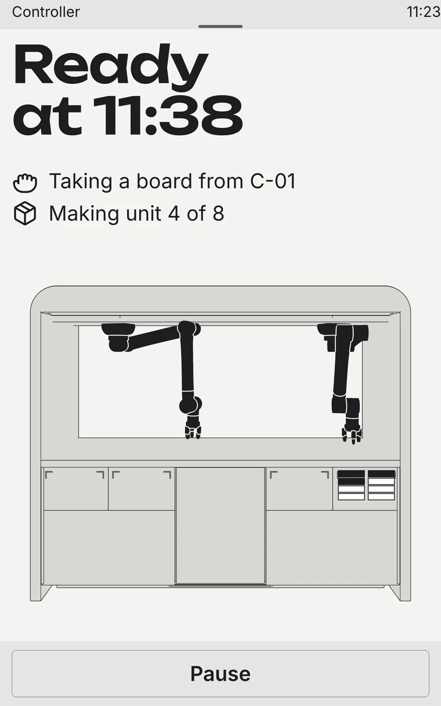 Ready at 11:38 — taking a board from C-01, making unit 4 of 8