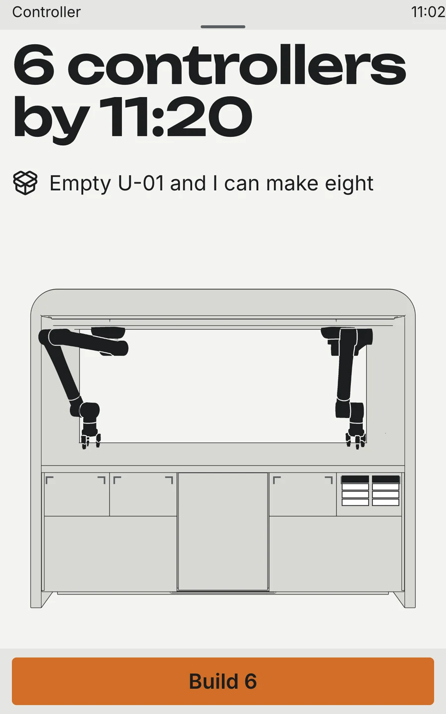 6 controllers by 11:20 — the ready screen, the cell drawn from the 3D model