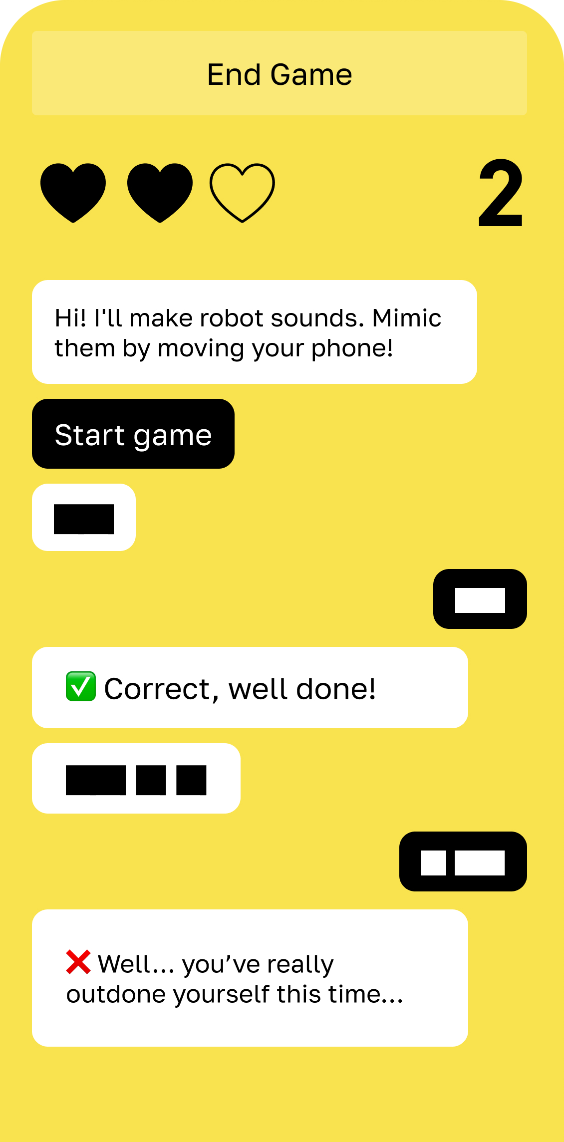 A round in Challenge mode — repeat the robot's sequence of moves and sounds