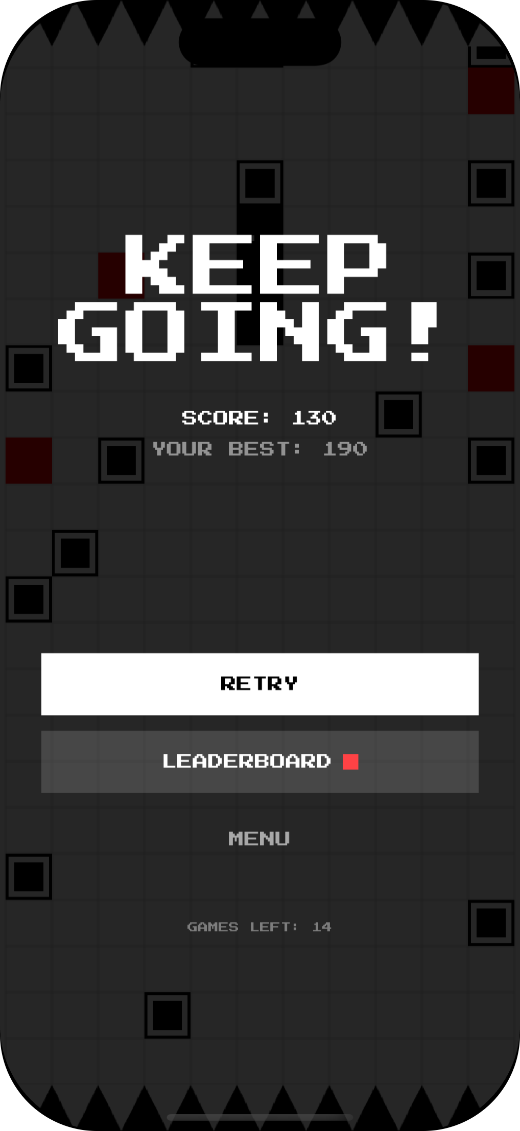 The game-over screen — KEEP GOING! over a score of 130 against a best of 190, with Retry, Leaderboard and Menu
