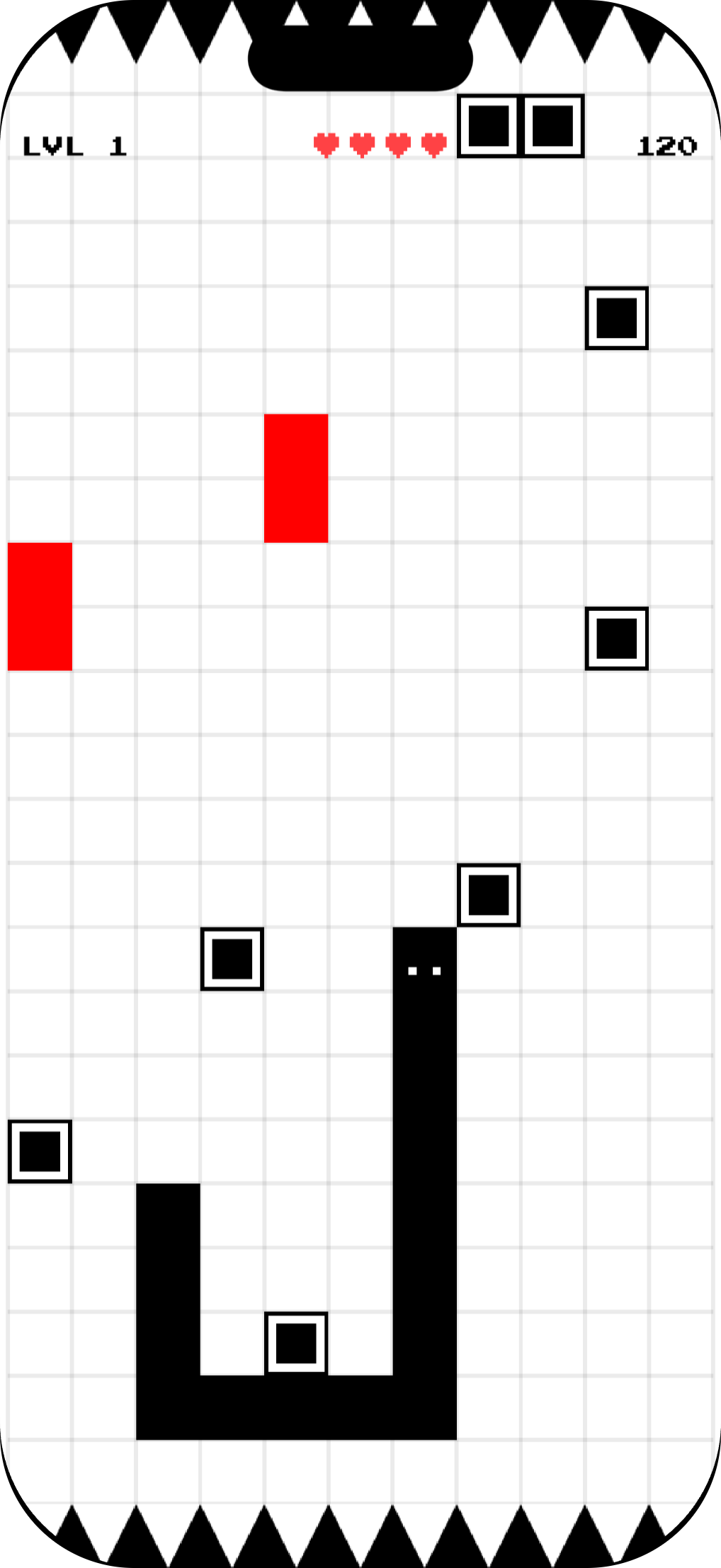 Level 1 with red blocks to collect, spikes along both edges and the snake curling at the bottom