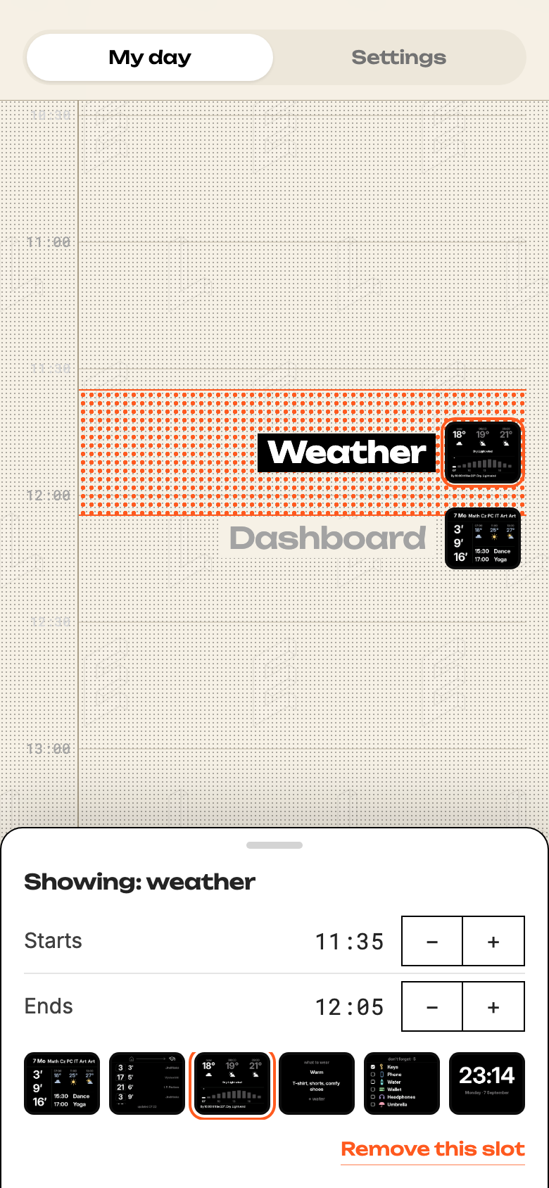 A new Weather slot added at 11:35 with a strip of device screens to choose from