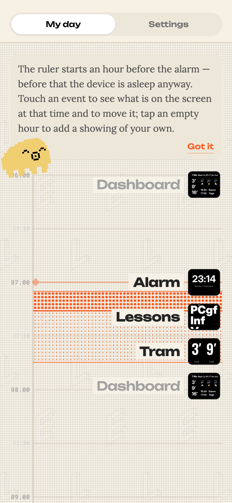 The day ruler on first run, with a speech bubble from the tardigrade explaining where the day starts