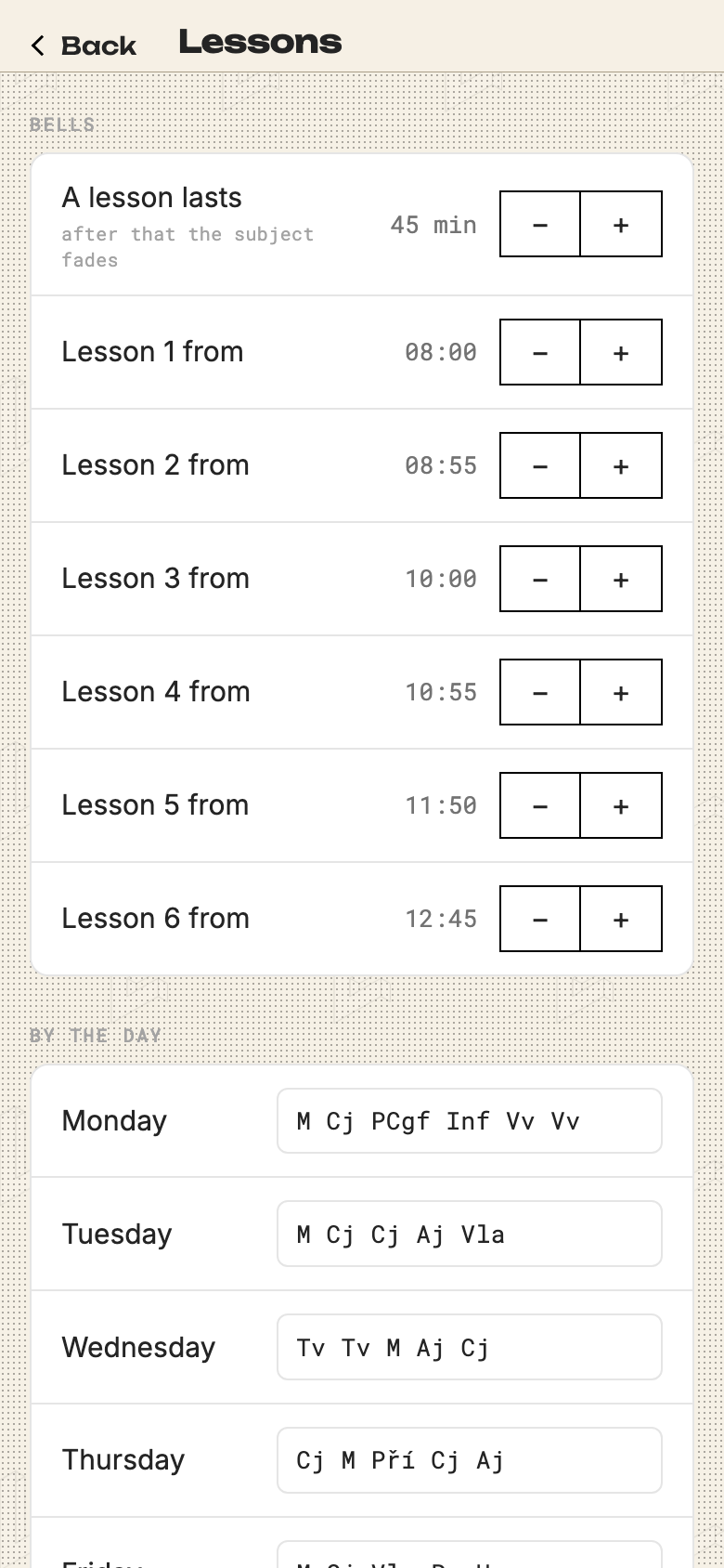 The Lessons screen: bell times and a row per weekday