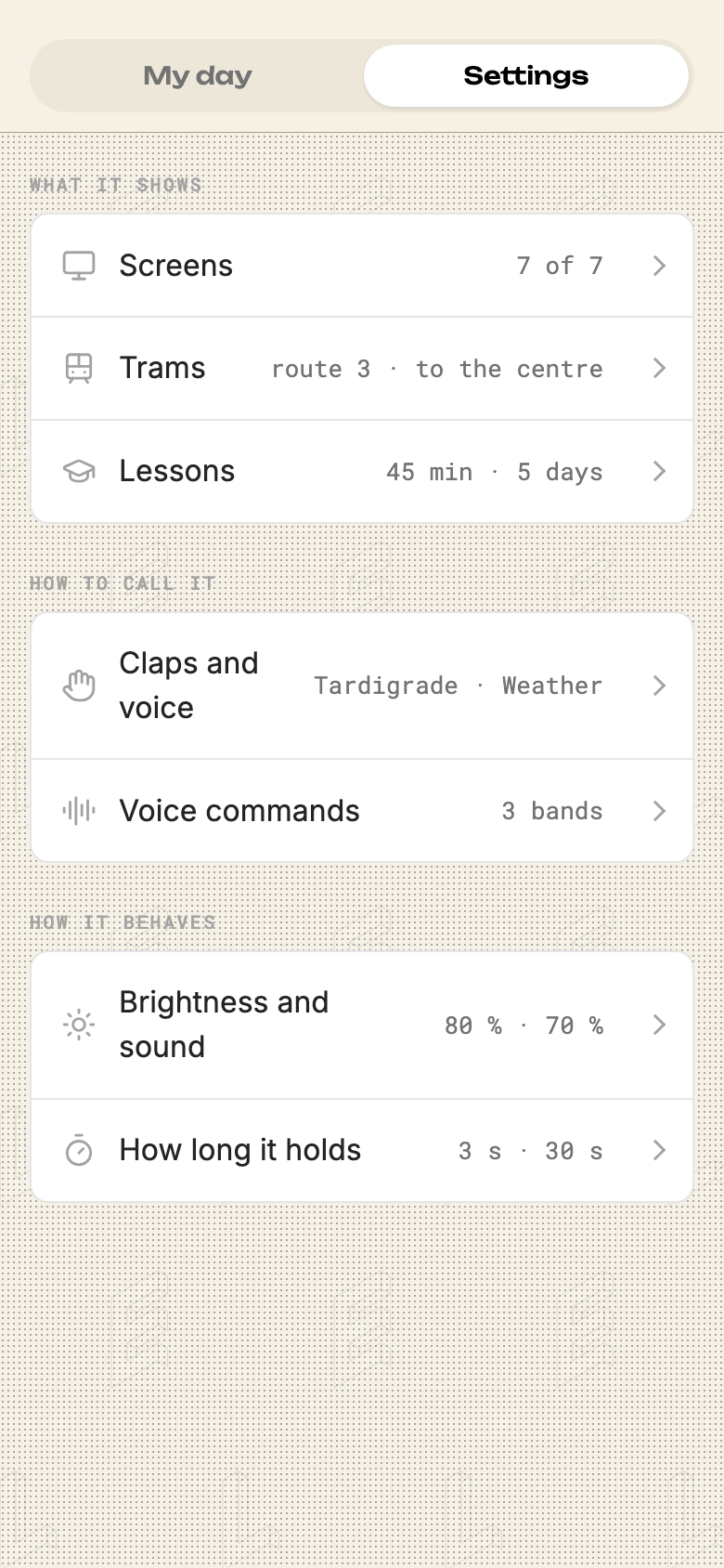 The settings index: What it shows, How to call it, How it behaves