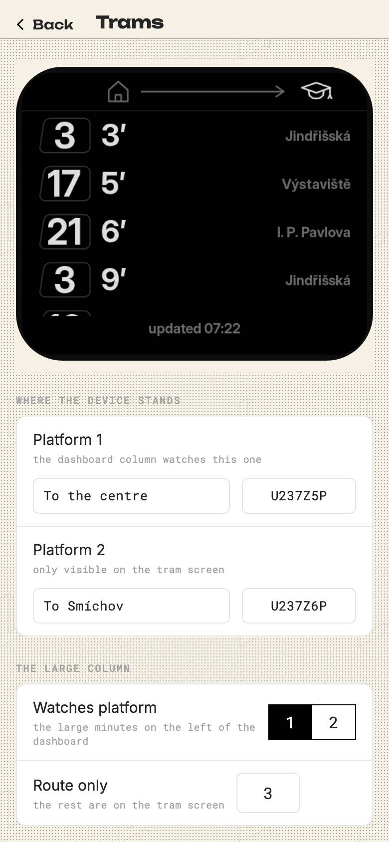 The Trams screen with two platform codes and the route filter
