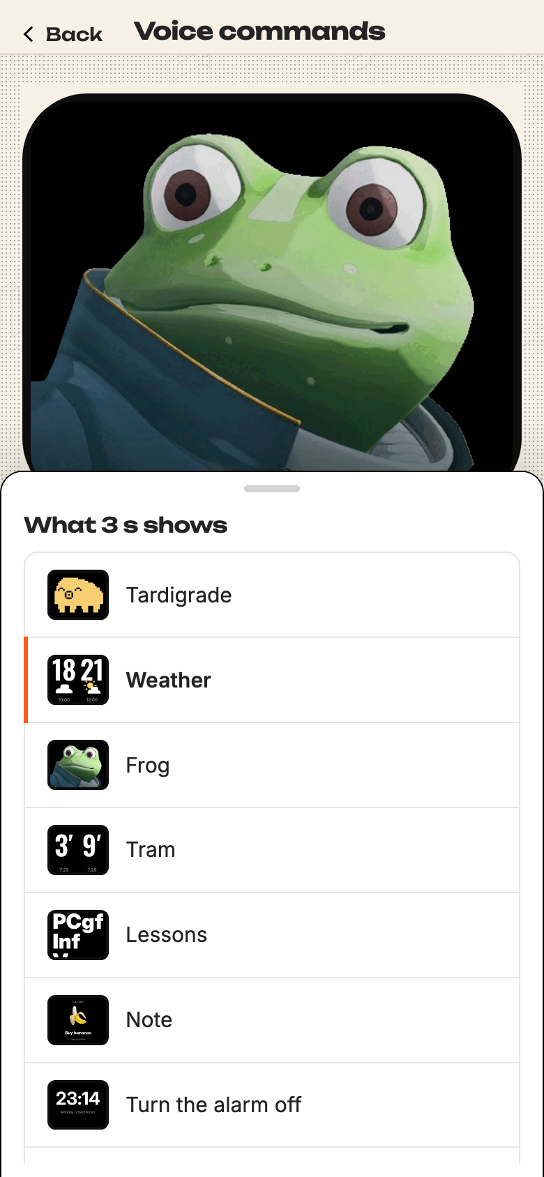 A sheet listing the answers to choose from, each with a picture of its screen