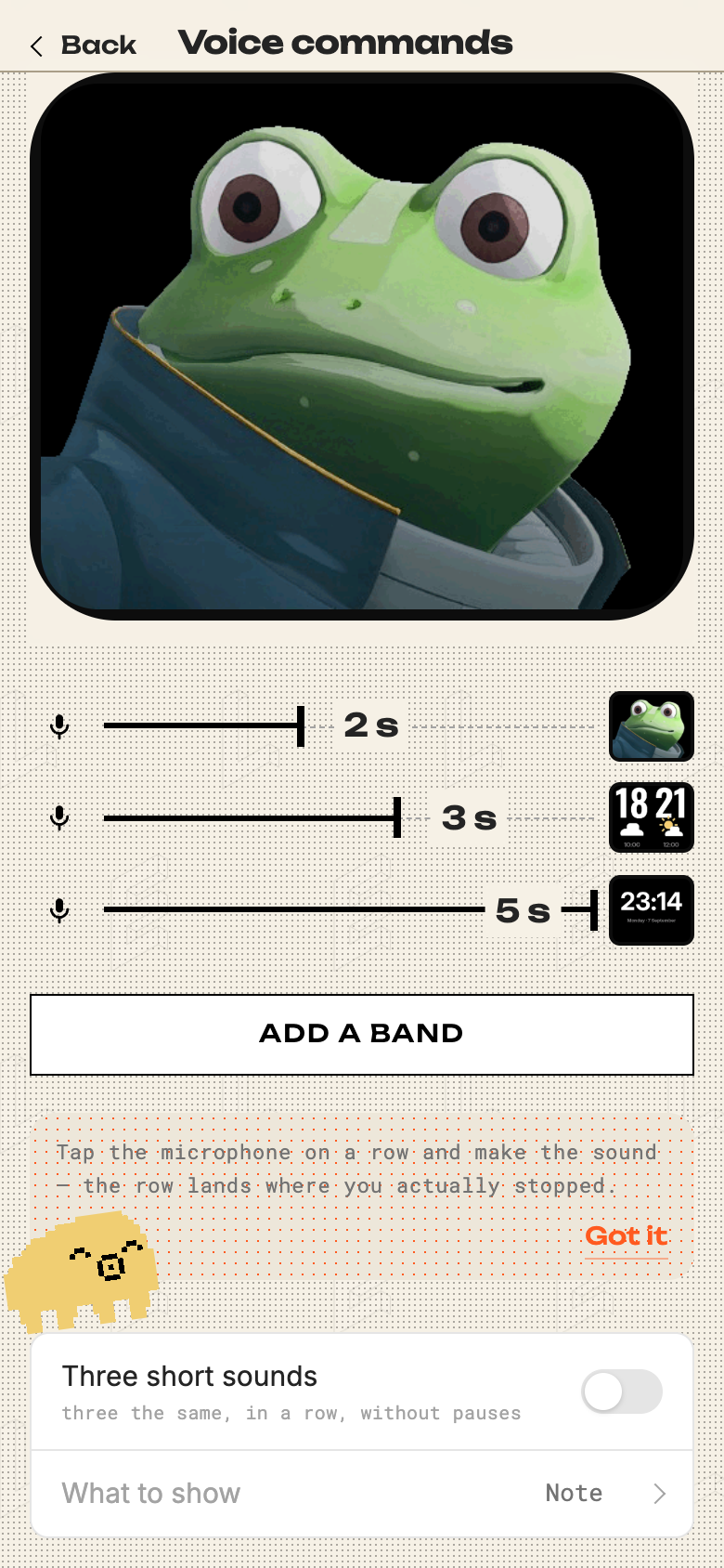 The voice commands ruler with the three short sounds option below it