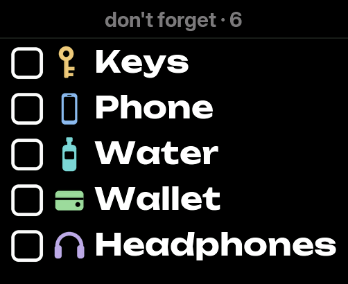 Checklist: four big rows — keys, phone, water, wallet — with a count of what is left along the top