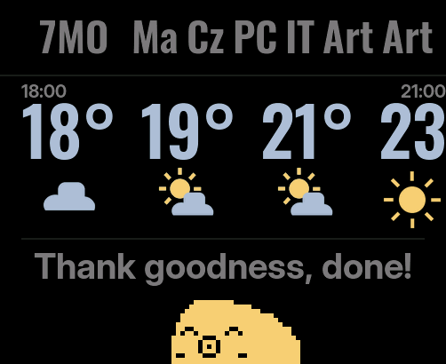 Evening dashboard: tomorrow's date, weather and the line Nothing tomorrow