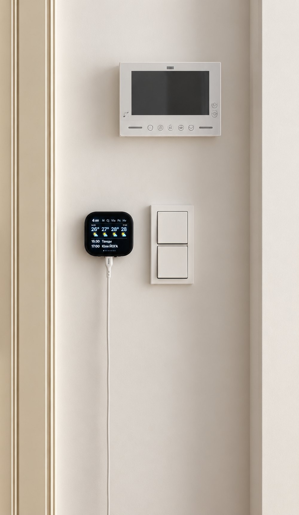 The hallway wall: the intercom panel above, the light switch to the right, and the small black display below them with a white cable running down