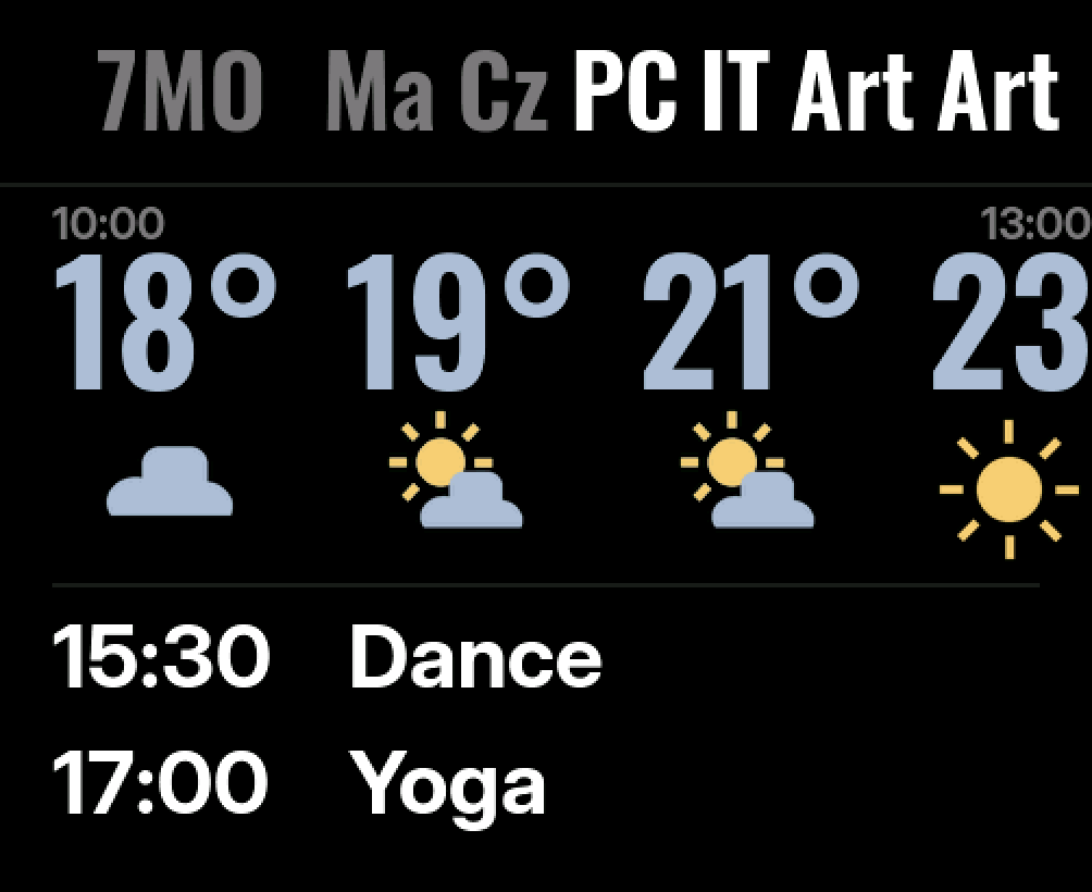 The same dashboard at half past ten: no tram column, four hours of weather across the full width, this afternoon's classes below