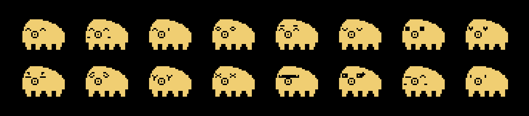 Sixteen moods of the pixel tardigrade: happy, blushing, winking, starry-eyed, singing, asleep, surprised, in love, angry, sad, crying, dizzy, wearing sunglasses, scared, sly and neutral