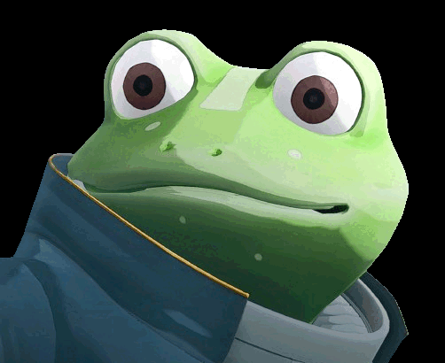 A frog in a coat filling the whole screen