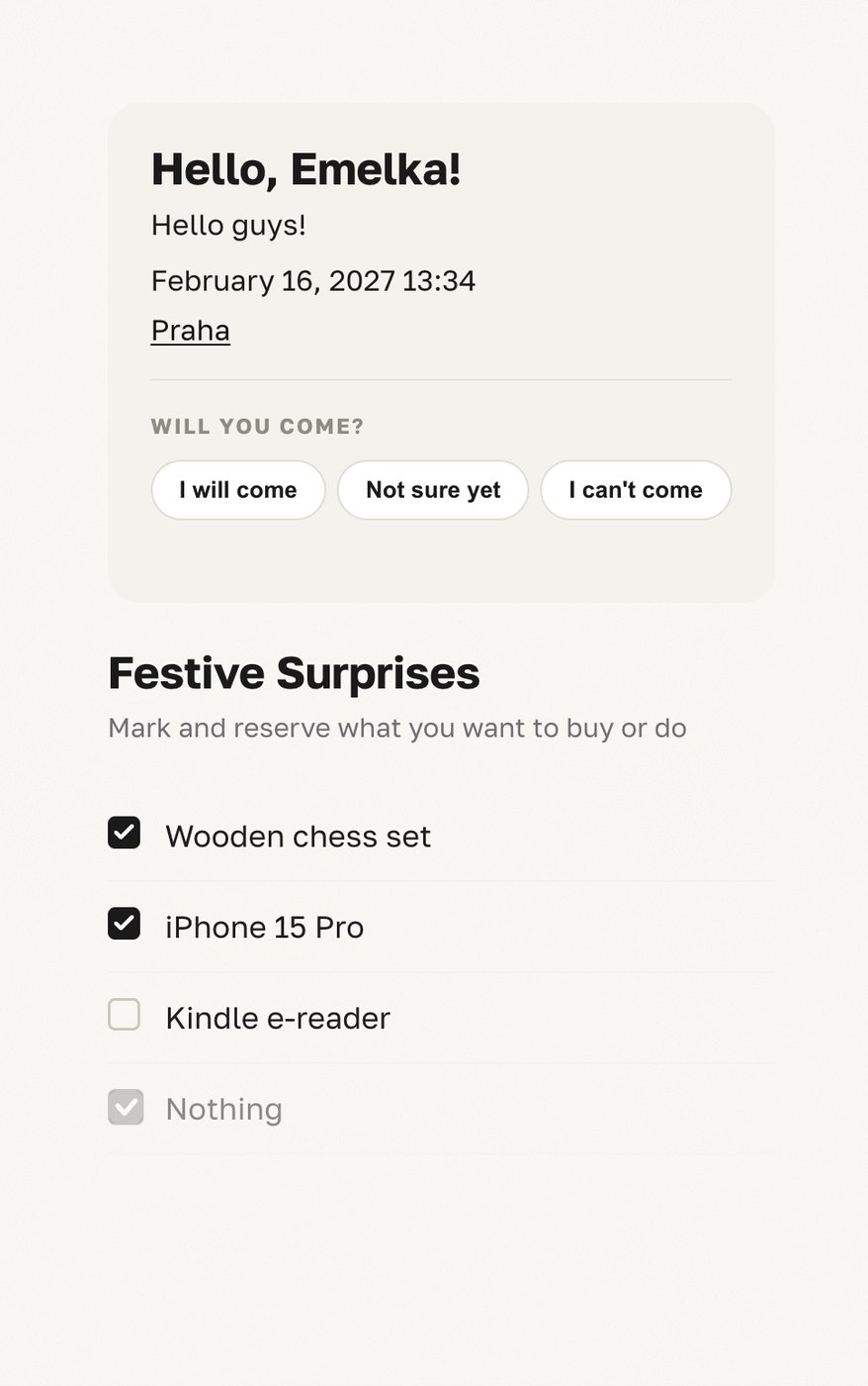 A guest's page — Hello, Emelka, the invitation text, date and place, three RSVP buttons, and the wishlist below.
