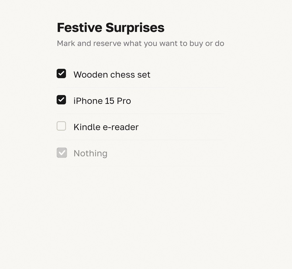 The guest's view of the same list — checkboxes to reserve items, with the entry someone else already took shown greyed out.