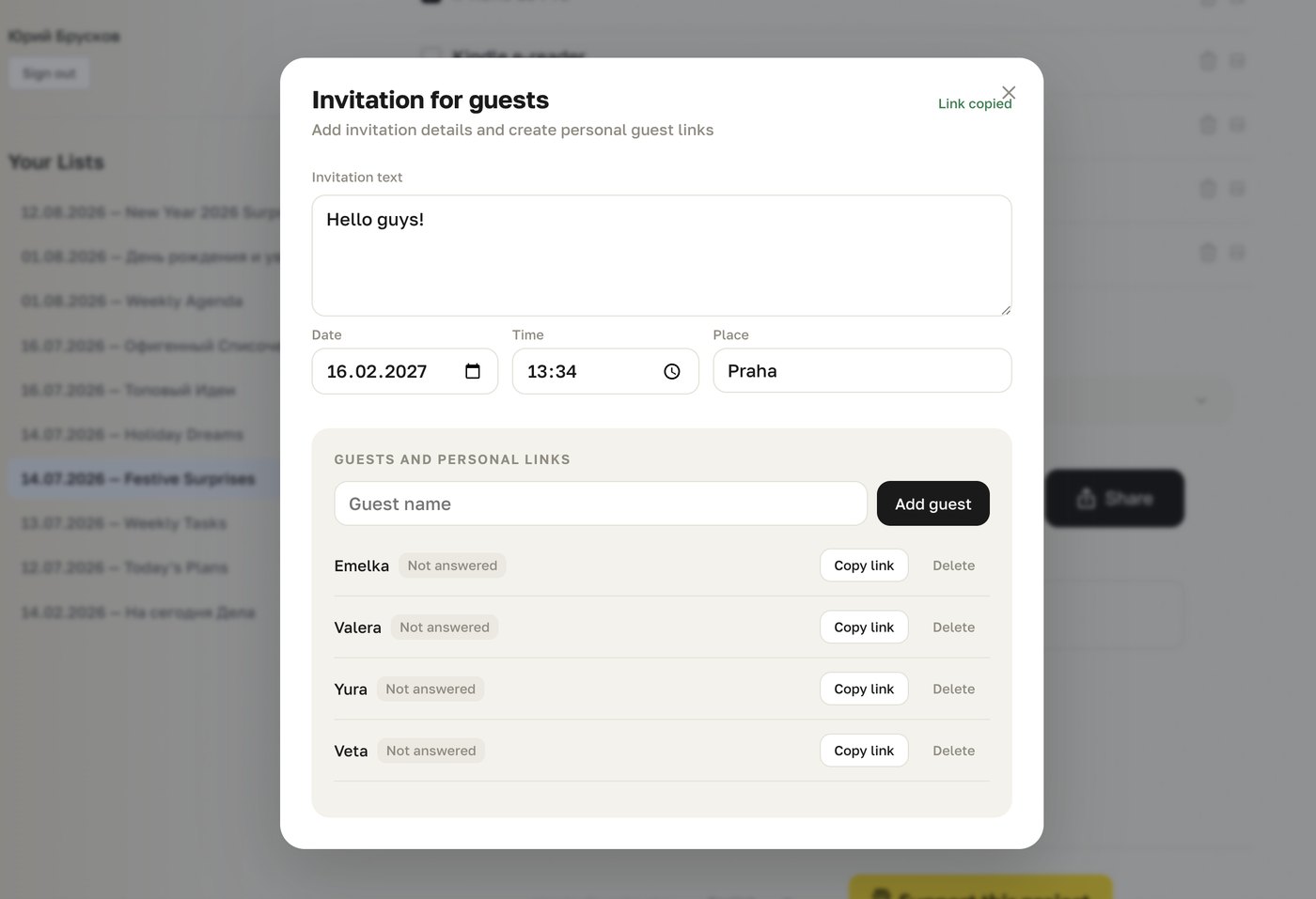 The Invitation for guests dialog — invitation text, date, time and place, and a personal link generated for each guest name.