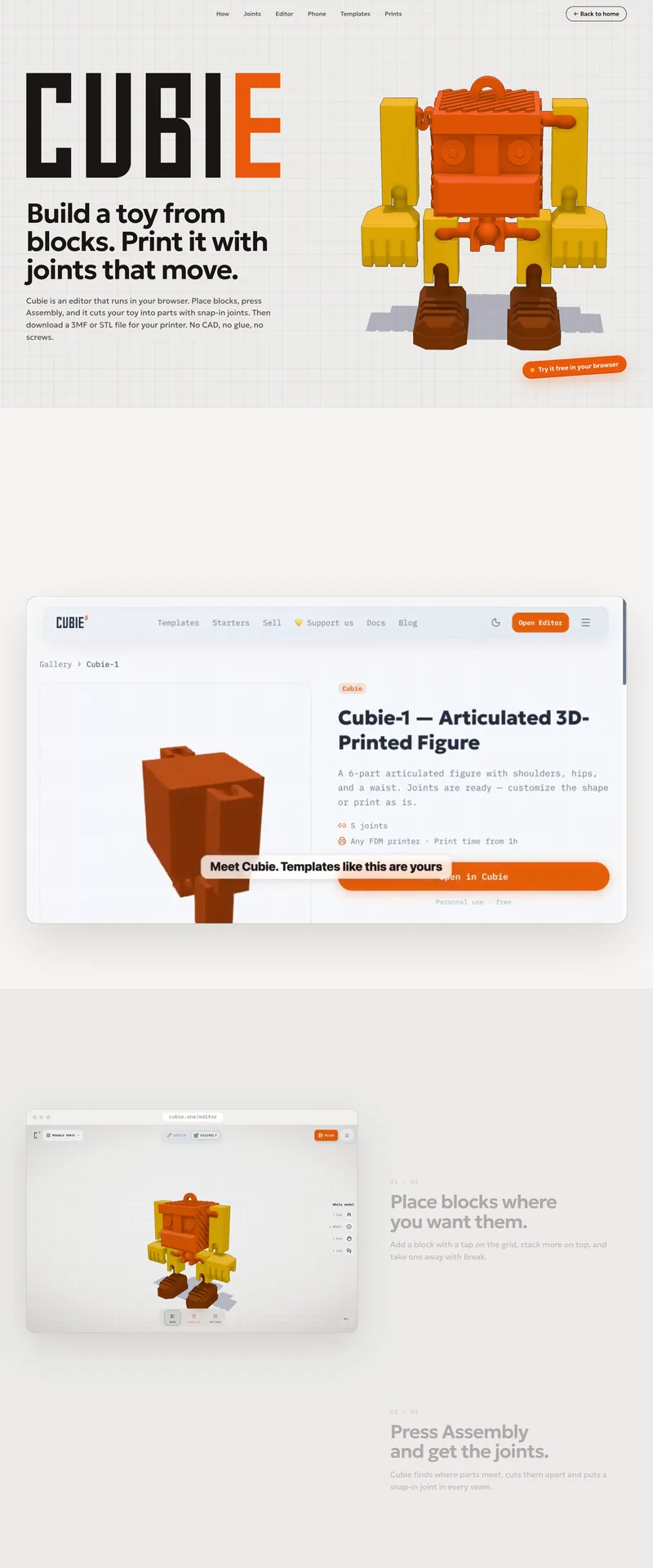 The Cubie landing page, top to bottom