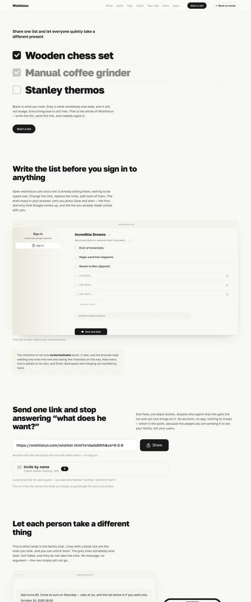 The Wishlistun landing page, top to bottom