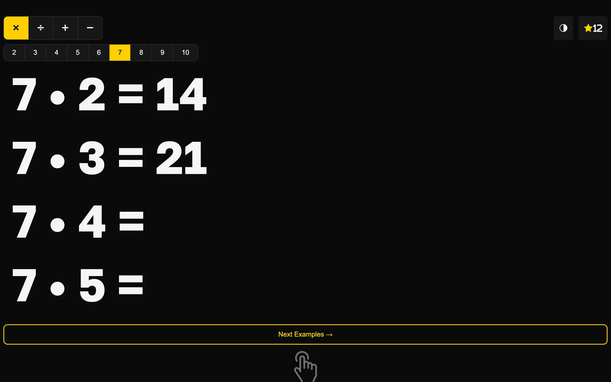 The same board inverted: near-black background, white digits, yellow outline around Next Examples