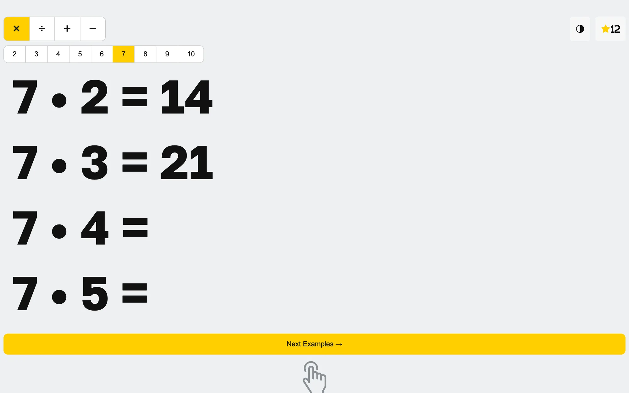 Mathfun full screen on a laptop, light theme: row 7, 7 • 2 = 14 and 7 • 3 = 21 answered