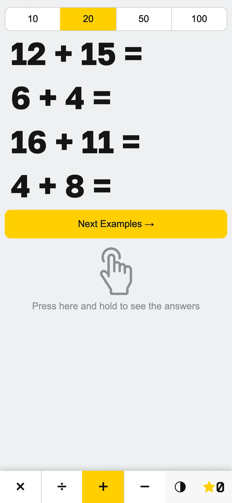 Addition with numbers up to 20: 12 + 15, 6 + 4, 16 + 11 and 4 + 8