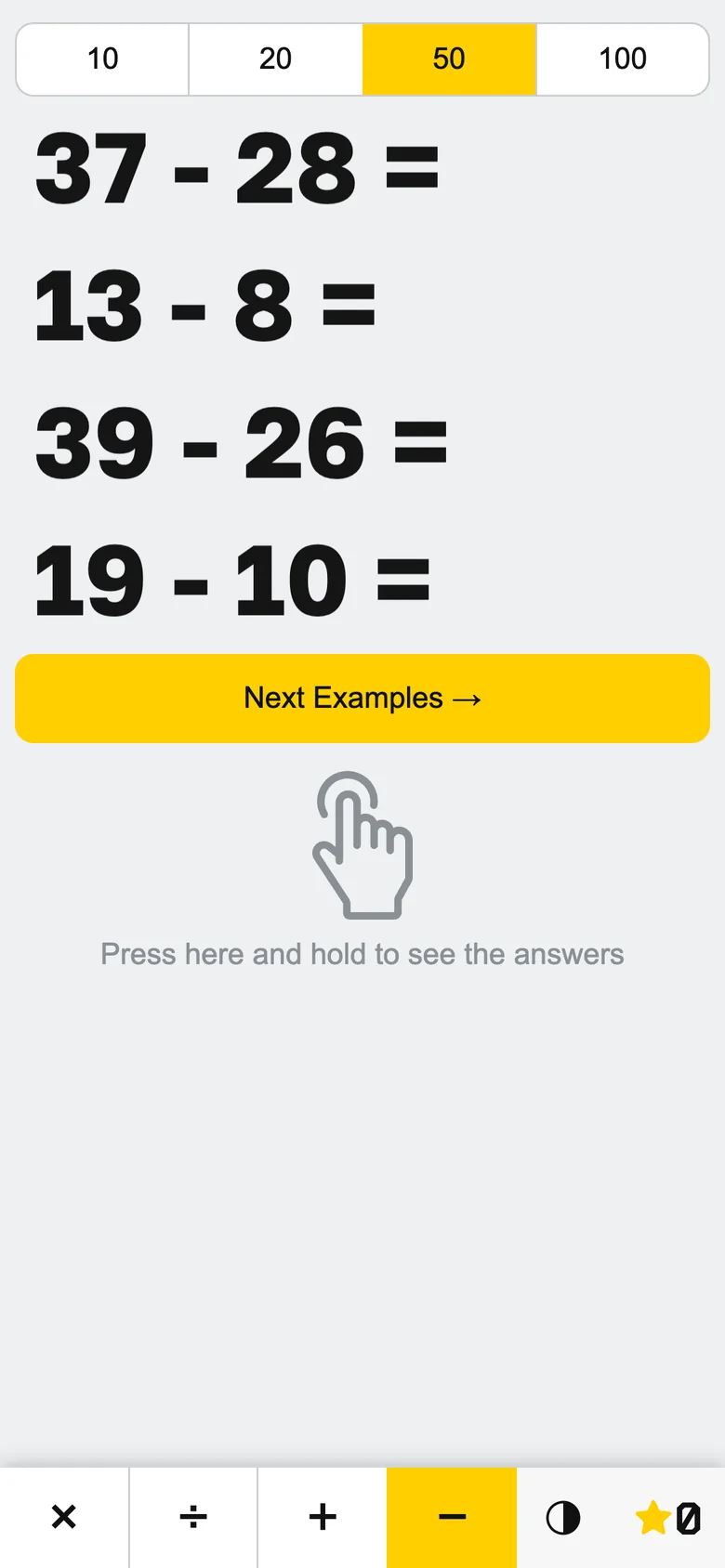 Subtraction with numbers up to 50: 37 - 28, 13 - 8, 39 - 26 and 19 - 10