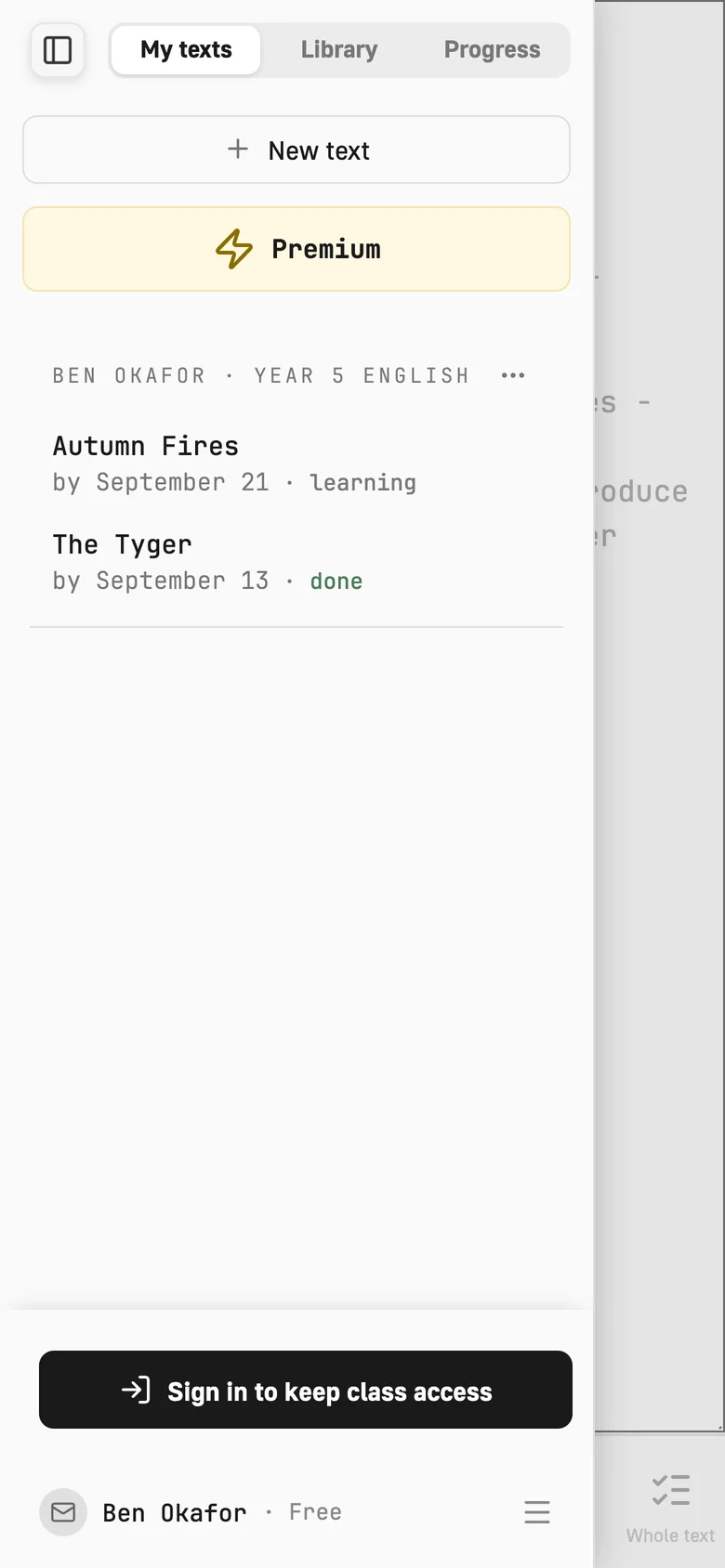 The Class group in Ben's sidebar: Autumn Fires by September 21, learning; The Tyger by September 13, done