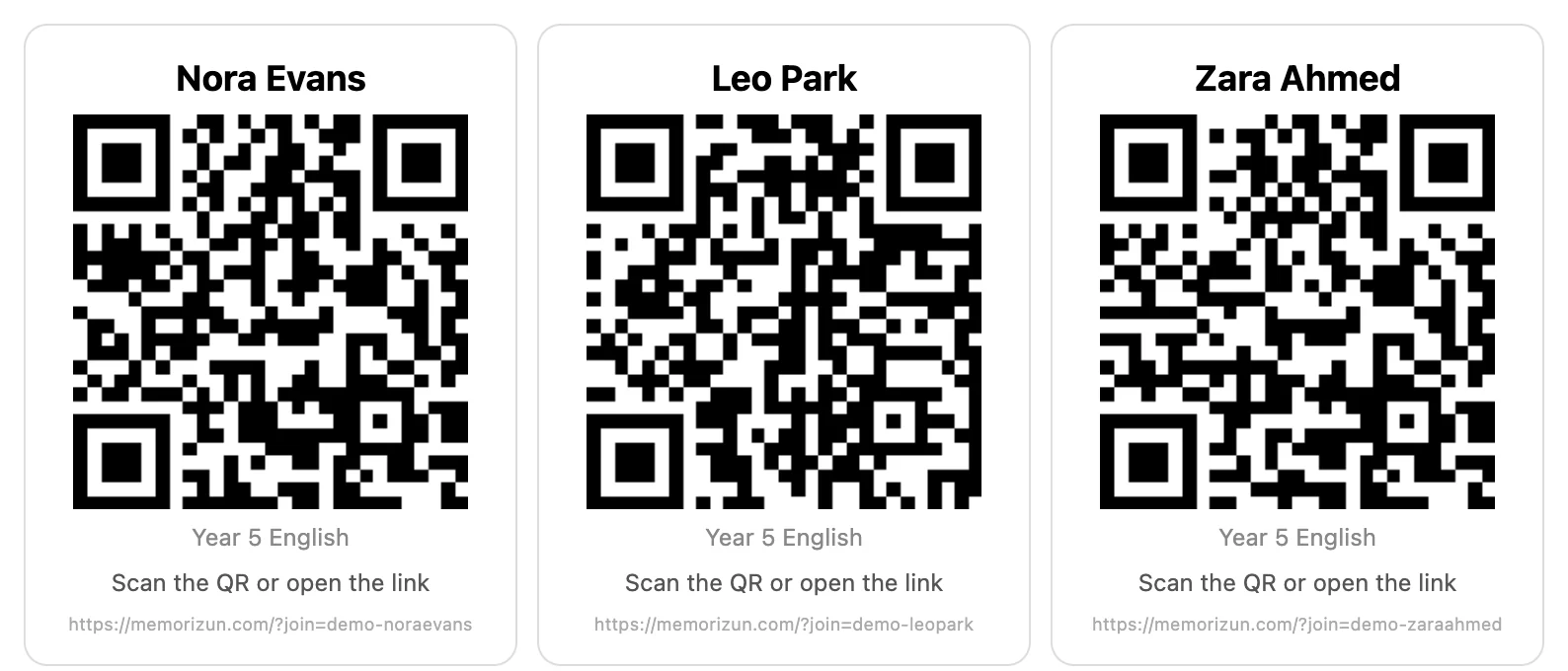 A printed sheet of cards for three students: a name, a QR code, the class name and the link