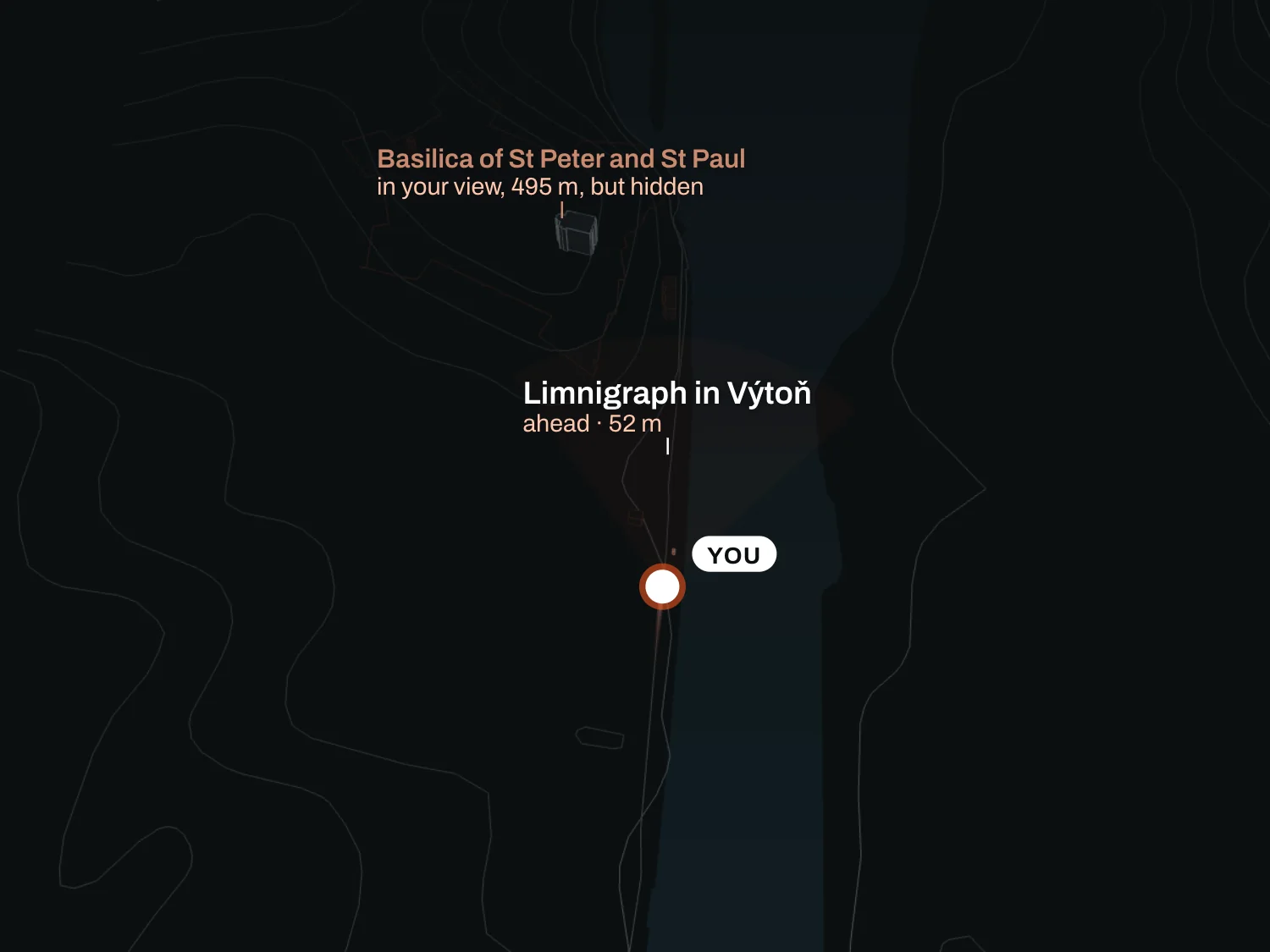 Inside the wedge, but not one corner of it can be seen from the path yet. So far the voice only knows about the limnigraph.