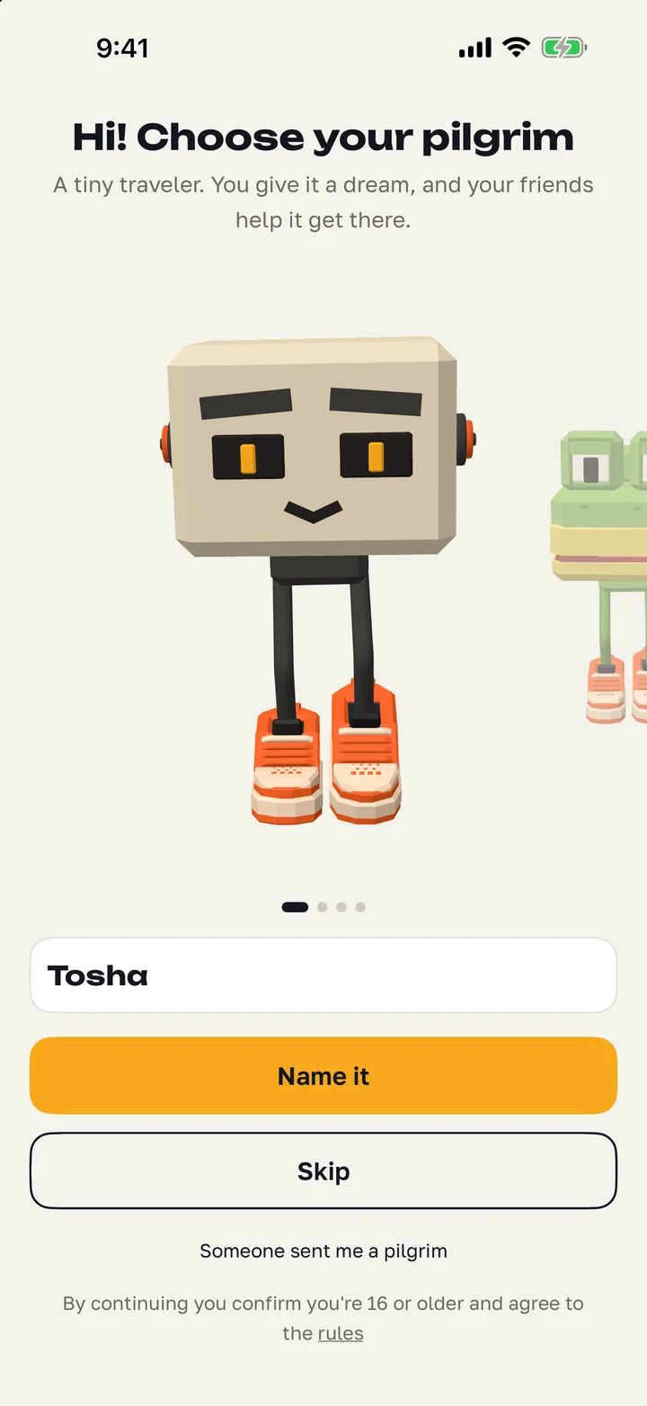 The first screen of the app: Hi! Choose your pilgrim. A robot in court sneakers, the name Tosha typed in, and the Name it and Skip buttons.