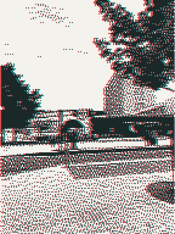 The same street with a tree and an arch, as the pilgrim sees it with the 3D effect.