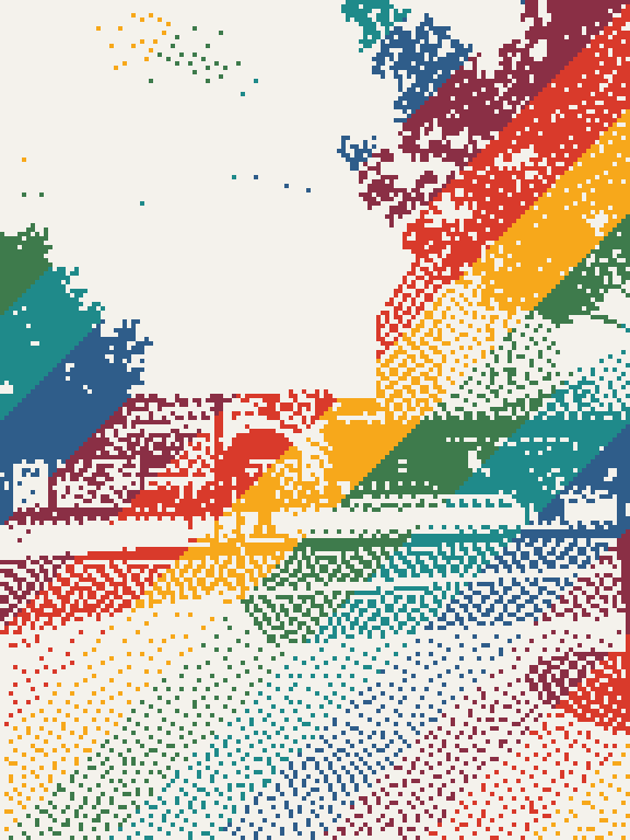 The same street with a tree and an arch, as the pilgrim sees it with the Disco effect.