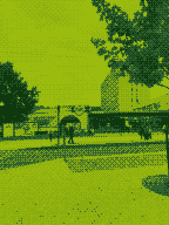 The same street with a tree and an arch, as the pilgrim sees it with the Retro effect.