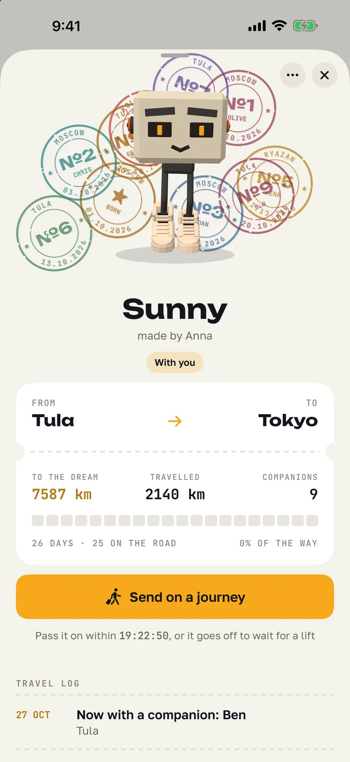 Sunny’s passport: stamps from every town around the pilgrim, a ticket from Tula to Tokyo, the Send on a journey button and the first line of the travel log.