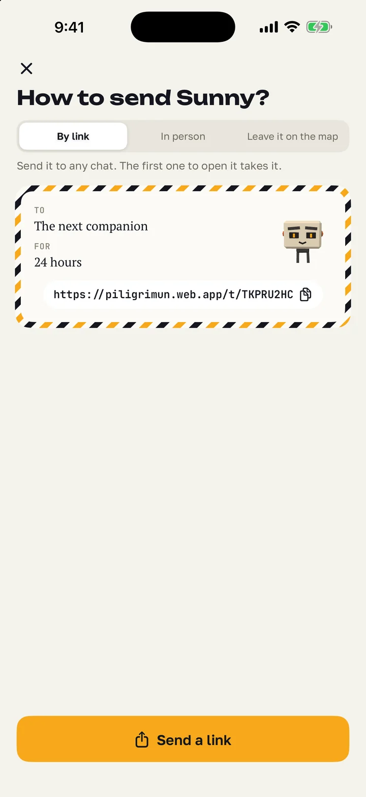How to send Sunny: a ticket to the next companion for 24 hours with a link, and the Send a link button. Tabs for By link, In person and Leave it on the map.