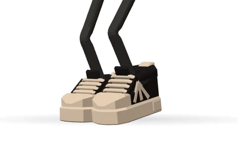 The robot’s feet in shell toes sneakers.